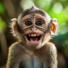 Fototapeta premium A baby monkey with a big smile on its face. The monkey has its teeth showing and is looking at the camera