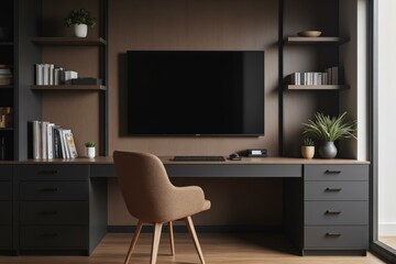 Modern Minimalist Home Office Design with Brown Beige Chair and Black TV Shelf for Professional Elegance