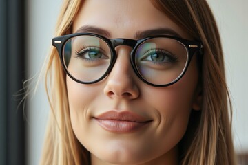 Fototapeta premium Woman wearing stylish round glasses smiling confidently, exuding intelligence and charm with soft lighting.