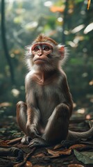 Obraz premium A baby monkey is sitting on the ground in a forest. The monkey is looking at the camera with a curious expression