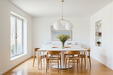 Fototapeta premium Modern Minimalist Dining Room Offers Calm Serenity with White Walls, Round Wooden Table, and Natural Light from Large Windows Creating Warm, Inviting Atmosphere