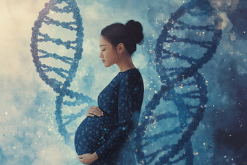 Asian pregnant woman surrounded by DNA helices. Prenatal genetic testing, NIPT. Illustration