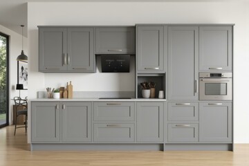 Modern kitchen design with sleek grey cabinets, stainless steel appliances, and ample counter space for a cozy and efficient culinary experience.