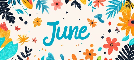 Vibrant June Celebration Banner with Colorful Flowers and Playful Typography on a White Background
