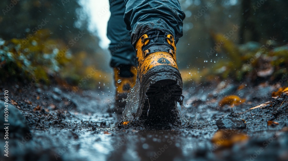 Poster a hiker makes their way through a muddy trail, splashing water with each step while surrounded by lu