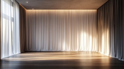 Luxury white curtain backdrop with sleek wooden floor, elegant space for high-end presentations.