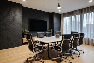 Modern Conference Room with Minimalist Black and Wooden Elements Enhancing Professional Vibe and Productivity