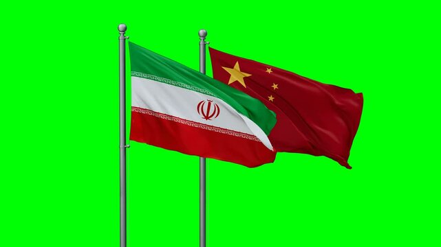 China and Iran flags flying together, video concept of the relationship with colored chroma key for easy background remove