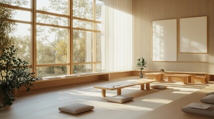 Fototapeta premium A minimalist Japanese tea room with tatami mats, low tables, and large windows overlooking a lush garden.