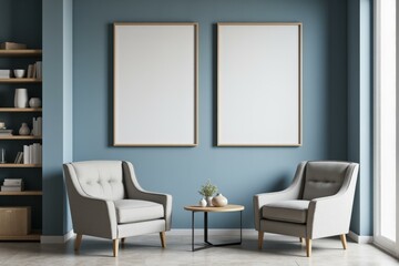 Minimalist Living Room Comfortable Chairs Calming Blue Wall Decorative Shelves Serene Atmosphere Modern Design