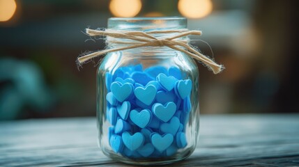 Glass jar filled with blue heart-shaped candies on wooden table, symbolizing blue monday mood