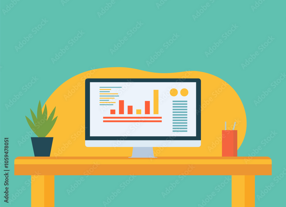 Poster a computer monitor is on a table and graphics and diagrams can be seen. minimalist vector graphic