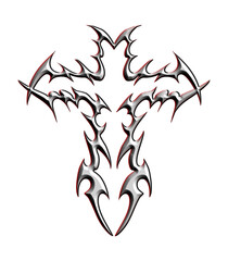 3D neo tribal cross chrome with red light PNG for background or keychain print, 3D glowing chrome tribal cross shaped