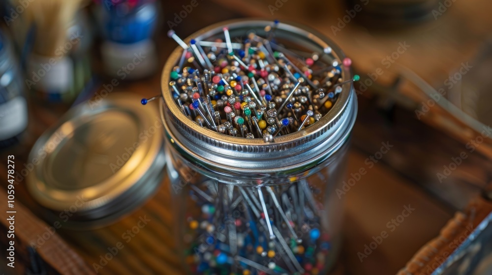 Poster a small labeled jar filled with pins of different sizes and colors ready to be used in the next crea