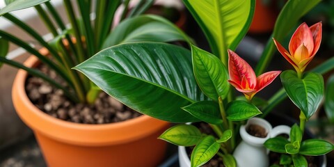 Fototapeta premium Tropical pitcher plant with vibrant green leaves and red pitchers in a small flower pot, houseplant, leaf