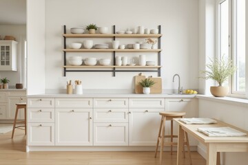 Modern Minimalist Kitchen with White Cabinets, Open Shelving, Natural Light, and Cozy Atmosphere