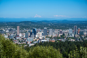 Aerial View Of Portland Cityscape With Mountain In Background
