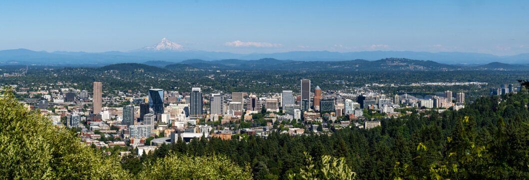 Panoramic View Of Portland, Oregon With Mount Hood In Background