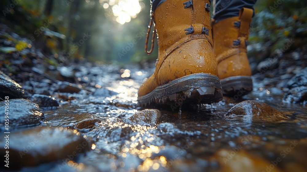 Poster a person walks through a small woodland stream, splashing water with sturdy boots. sunlight filters 