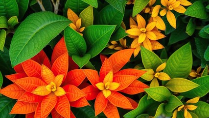 Vibrant green plant featuring striking orange and yellow leaves, adding a pop of color to any botanical collection, foliage, orange