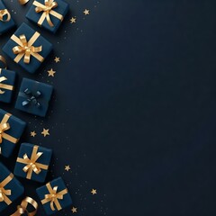 Dark blue festive background with a pile of gift boxes wrapped in various shades of blue paper and tied with golden ribbons. They are adorned with golden stars and glitter.