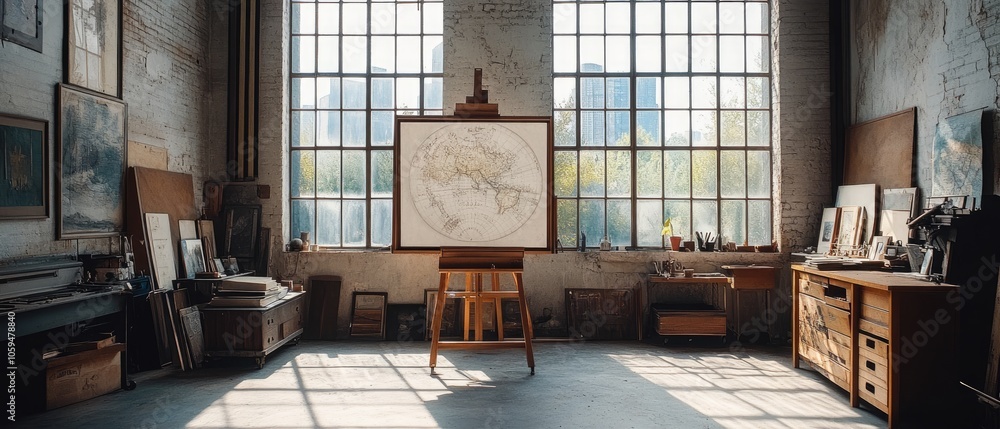 Poster an easel with a world map drawing stands in the center of a rustic studio with large windows and woo
