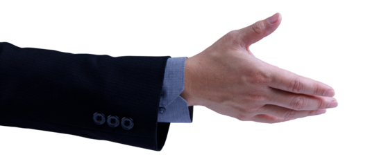 Businessman hand in black suit reaching hand ready for formal handshake greeting in communication gesture concept. Isolated cutout in transparent background.