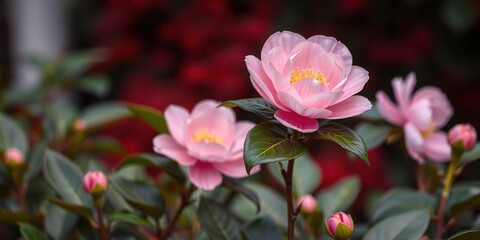 Obraz premium Vibrant spring camellia flowers in full bloom with red, pink, and white petals, red, pink, nature