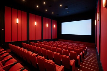 Fototapeta premium Experience the Cinematic Magic in an Elegant, Red-Carpeted Theater with Comfortable Seats and Immersive Sound for a Memorable Movie Night