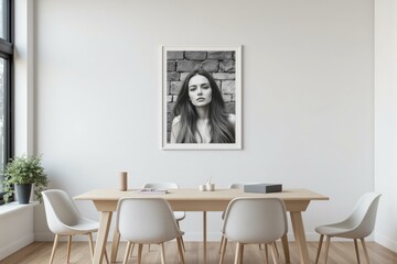 Modern Dining Room with Minimalist Black and White Portrait Art on Stone Wall, Emitting Serenity and Modernity
