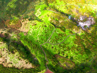 Obraz premium Aerial view of volcanic landscape of the Azores islands in Portugal. Terceira Island. Furnas de Exofre.