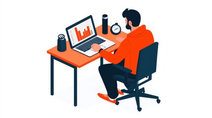 Simple Isometric Infographic of a Man Working on Laptop