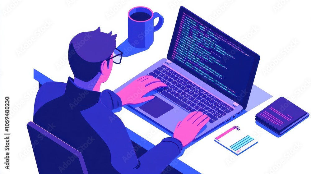 Poster isometric infographic of a programmer at work