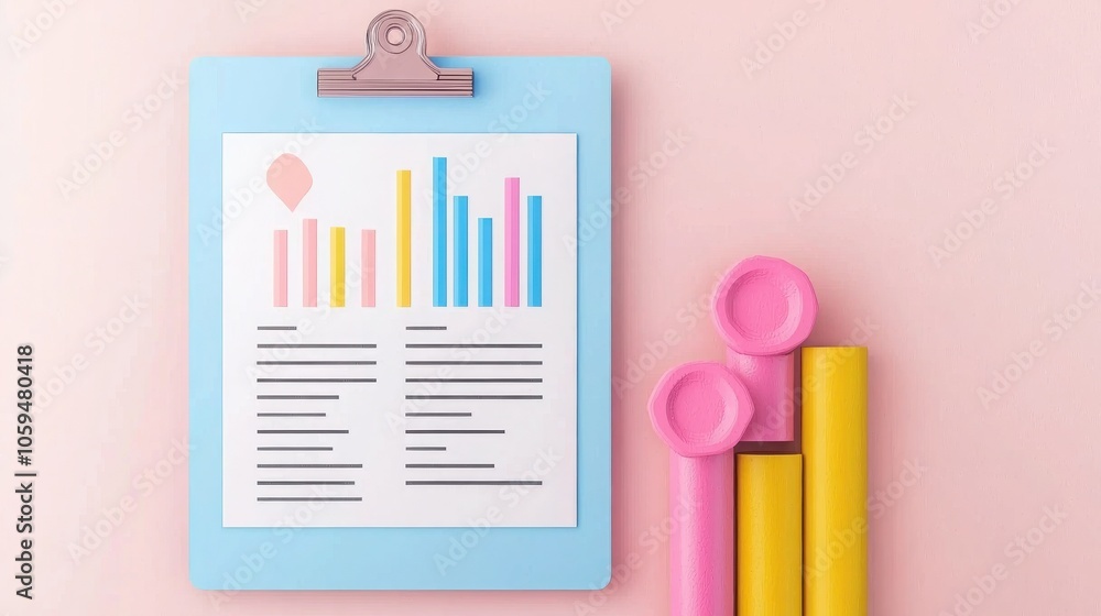 Poster a colorful chart on a clipboard beside vibrant cylindrical objects against a pink background, repres