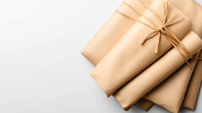Top view of several brown paper packages tied with simple string on a light surface, emphasizing clean and minimalistic packaging design.