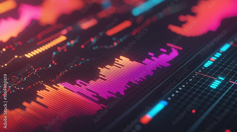 Poster a vibrant digital representation of audio visualization with colorful waveforms and signals, showcas