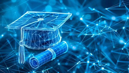 Digital graduation cap with Diploma certificate icon in low poly wireframe,banner education technology and e-learning platforms, learning and academic achievement. mba graduation hat.	