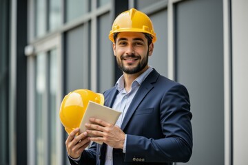 Professional Construction Manager Utilizing Digital Tablet While Ensuring Safety Standards and Project Efficiency on Job Site, Displaying Confidence and Competence.