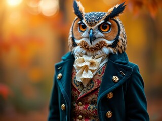 Elegant owl in victorian attire amidst autumn foliage