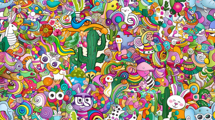 A vibrant and colorful illustration filled with whimsical animals, plants, and abstract designs against a cheerful backdrop