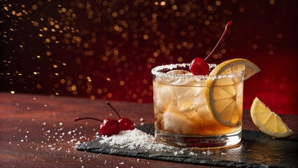 Mai Tai cocktail with cherry and lemon - perfect for holiday blogs, drink websites, bar menus, and New Year's Eve party invitations