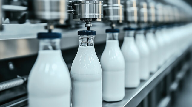 Close-up view of glass milk bottles in a bottling line at a dairy processing plant, with capping machines in operation. Bottles are aligned consecutively on an industrial conveyor belt.