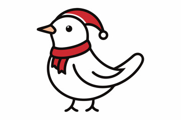  Vector Outline of A cute Dove wearing a Santa clause hat and scarf on white background.