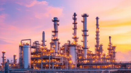 Fototapeta premium Oil Refinery Plant at Sunset with Glowing Lights