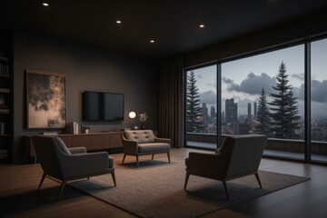 Fototapeta premium Modern Living Room Panorama: Luxurious Serene Cityscape View Calm Elegance Night Ambience Cozy Comfortable
