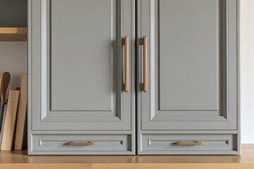 Fototapeta premium Elegant Modern Kitchen with Grey Cabinets and Golden Handles Exuding Warm and Sleek Aesthetics