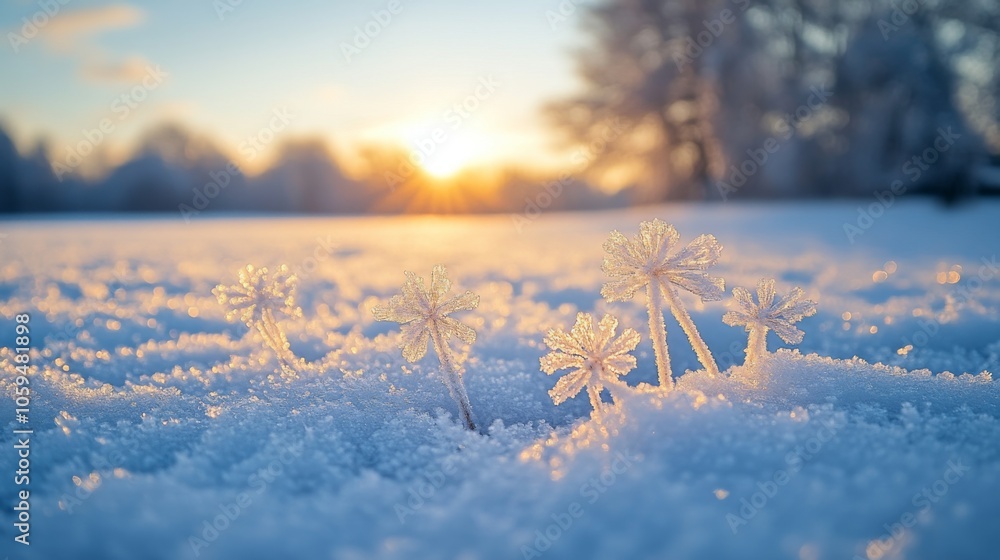 Poster delicate frost formations resembling flowers rise from a snowy field, illuminated by the soft golden