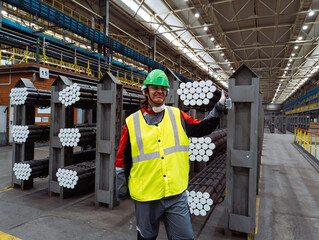 Worker with packs of rolled metal bars on the shelves holds thumbs up