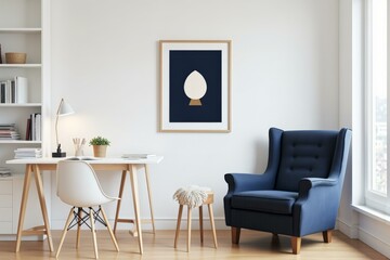 Cozy Modern Home Office With Minimalist Artwork and Blue Chair Offering Serene Workspace Vibes