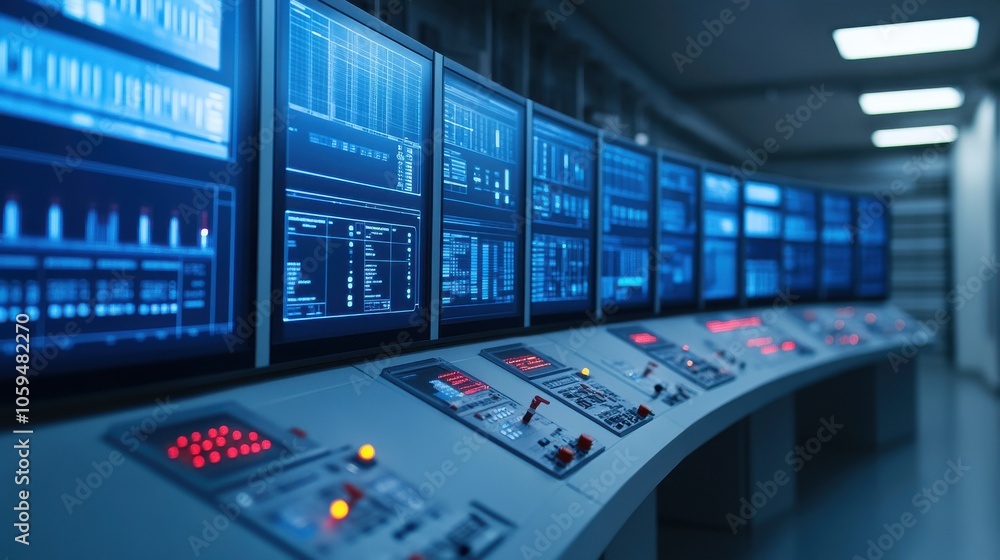 Poster control room with monitors and display screens